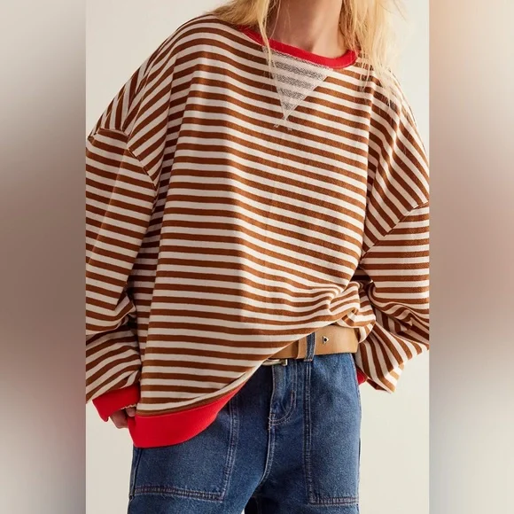 Free People We The Free Classic Striped Oversized Crewneck / Coffee Combo - Picture 8 of 9